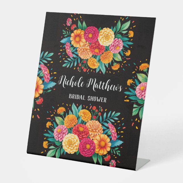 Vibrant Fiesta Wedding Bouquet Bridal Shower Pedestal Sign (Front)