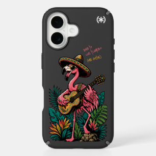 vibrant flamingo wearing sombrero playing guitar iPhone 16 case