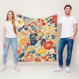Vibrant flora red, yellow and blue on white fleece blanket
