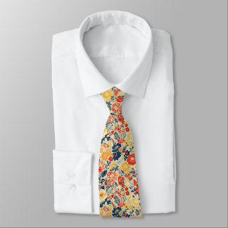 Vibrant flora red, yellow and blue on white neck tie