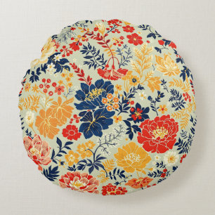 Vibrant flora red, yellow and blue on white round pillow