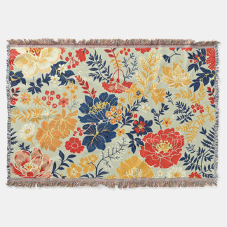 Vibrant flora red, yellow and blue on white throw blanket