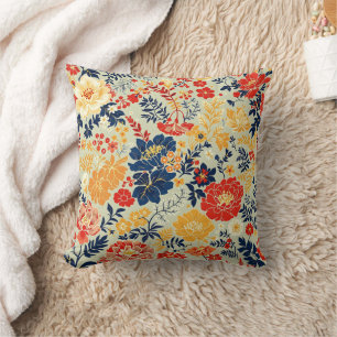 Vibrant flora red, yellow and blue on white throw pillow