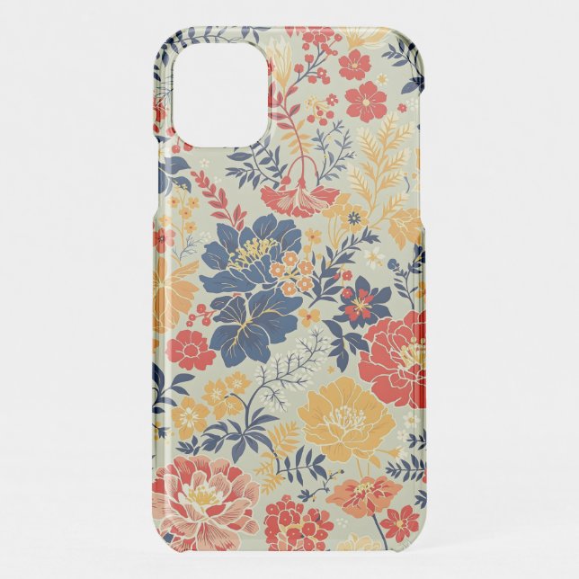 Vibrant flora red, yellow and blue on white uncommon iPhone case (Back)