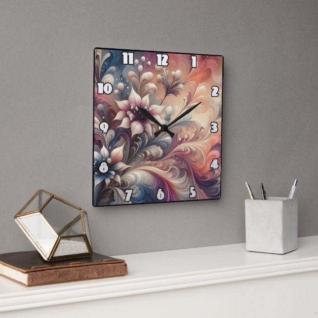 Vibrant Floral Abstract Swirls Square Wall Clock (Office)