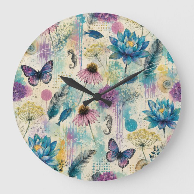 Vibrant Floral Aquatic Dream Large Clock (Front)