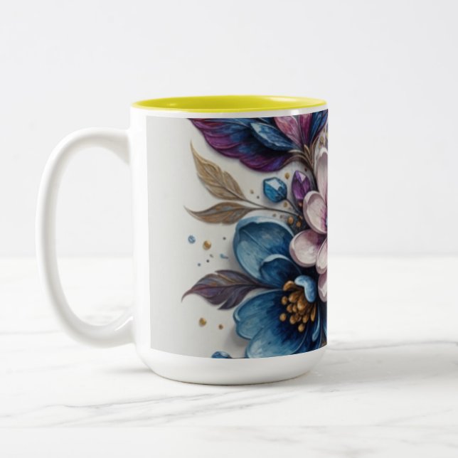 Vibrant Floral Artwork Two-Tone Coffee Mug (Left)