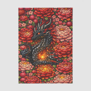 Vibrant Floral Black Dragon Stained Glass Design Tissue Paper