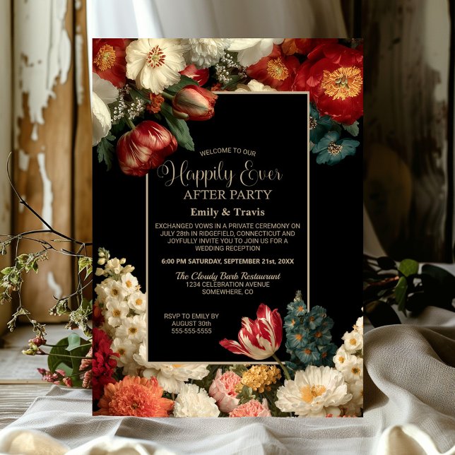 Vibrant Floral Black Happily Ever After Party Invitation (Creator Uploaded)