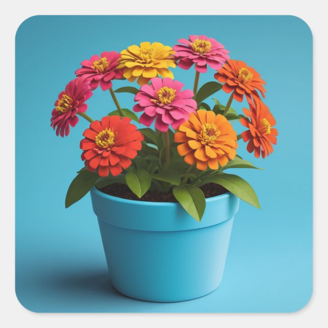 Vibrant Floral Botanical Art, Zinnia Flowers Square Sticker (Front)