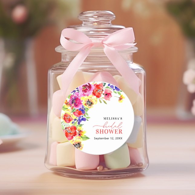 Vibrant Floral Bridal Shower Favor Classic Round Sticker (Creator Uploaded)