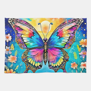 Vibrant Floral Butterfly Glow Design Kitchen Towel
