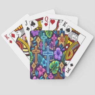 Vibrant Floral Design Featuring Glowing Crosses b Poker Cards