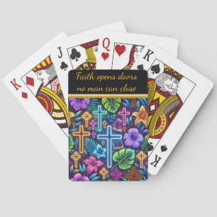 Vibrant Floral Design Featuring Glowing Crosses Poker Cards