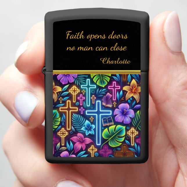 Vibrant Floral Design Featuring Glowing Crosses Zippo Lighter (In Hand)
