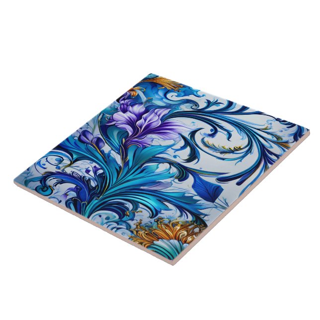 Vibrant Floral Design With Blue and Purple Accents Ceramic Tile (Side)