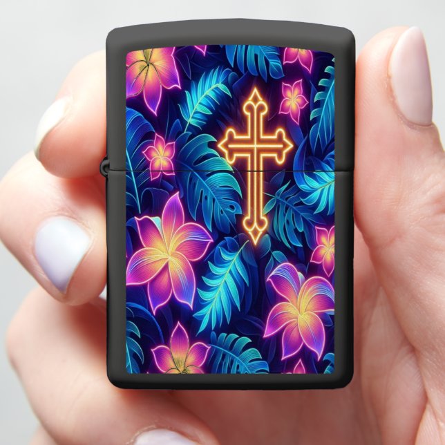 Vibrant Floral Design With Glowing Cross Element b Zippo Lighter (In Hand)