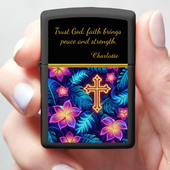 Vibrant Floral Design With Glowing Cross Element Zippo Lighter (In Hand)