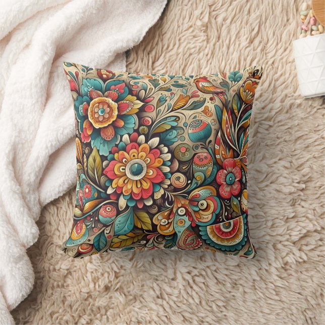 Vibrant floral design with intricate patterns throw pillow (Blanket)