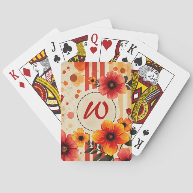 Vibrant Floral Distressed Watercolor Chic Monogram Poker Cards (Back)
