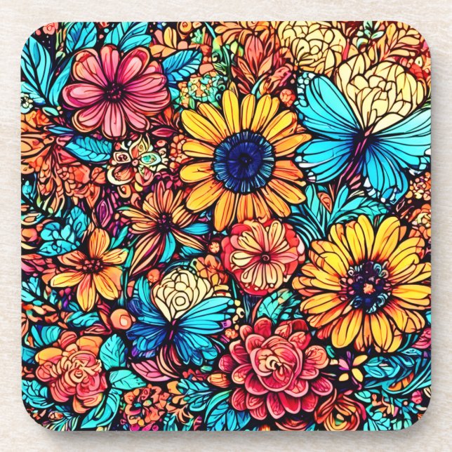 Vibrant Floral Doodle Explosion Beverage Coaster (Front)