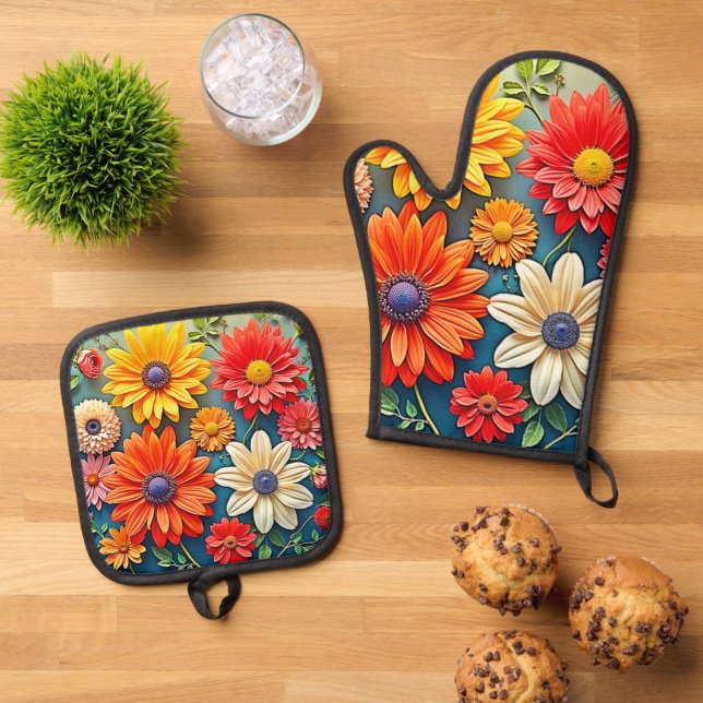 Vibrant Floral Fantasy Design Oven Mitt & Pot Holder Set (Top Down)