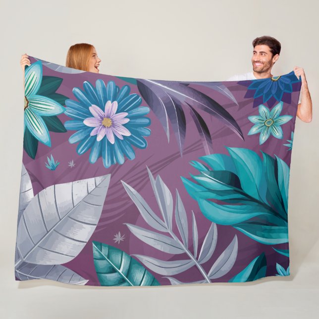 Vibrant Floral Fantasy on Deep Purple Canvas Fleece Blanket (In Situ)