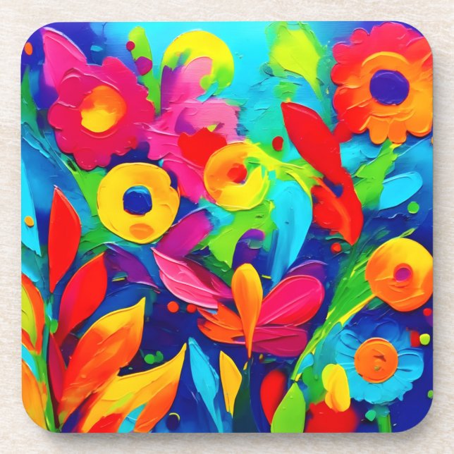 Vibrant Floral Fantasy Painting Beverage Coaster (Front)