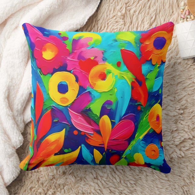 Vibrant Floral Fantasy Painting Throw Pillow (Blanket)