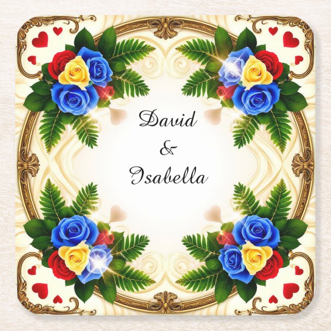 Vibrant Floral Frame Design Square Paper Coaster (Front)