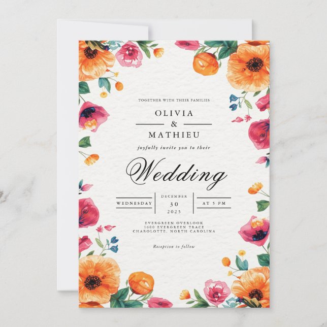 Vibrant Floral Frame Wedding Invitation (Front)