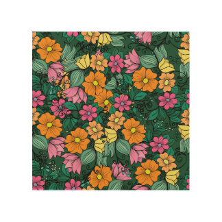 Vibrant Floral: Green Background Vintage. Wood Wall Art