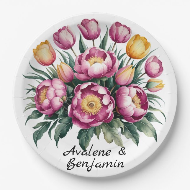 Vibrant Floral Harmony Wedding Paper Plates (Front)