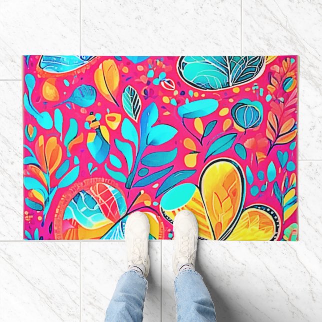 Vibrant Floral Heart Art Doormat (Indoor)