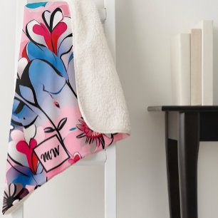 Vibrant, floral hearts, and flowers monogram sherpa blanket