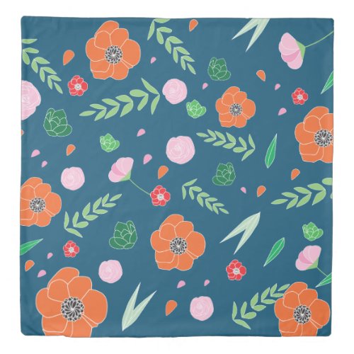 Vibrant Floral Illustration Dark blue Background Duvet Cover