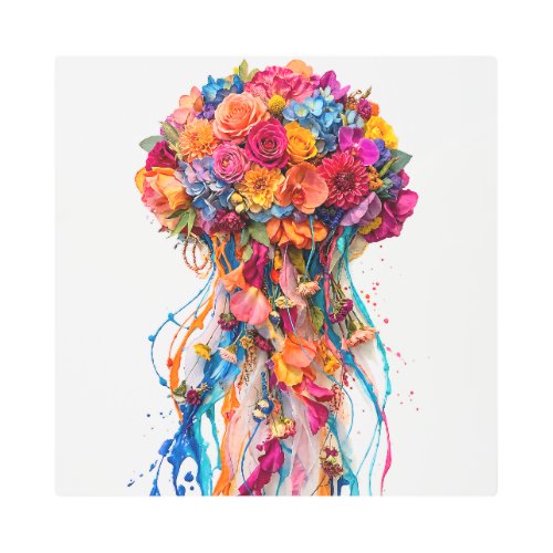 Vibrant Floral Jellyfish Fantasy with Dripping Hue Metal Print
