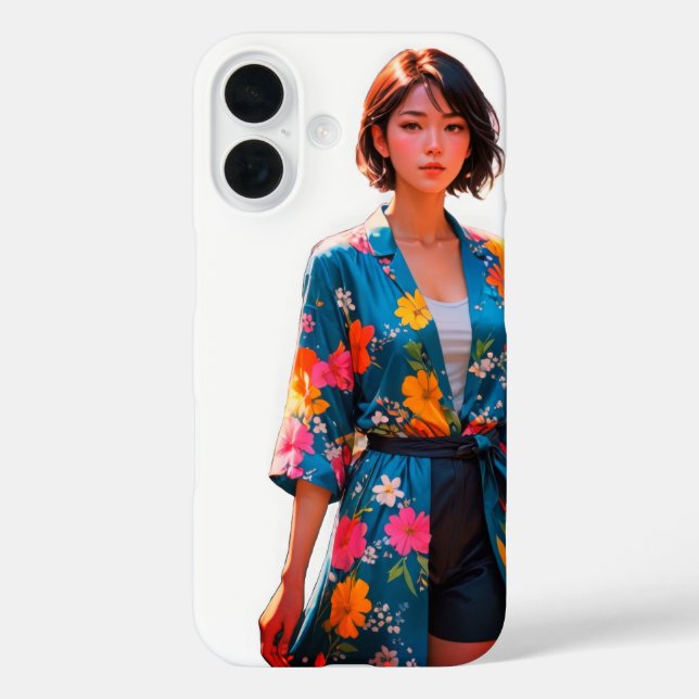 Vibrant Floral Kimono iPhone 16 Case (Back)