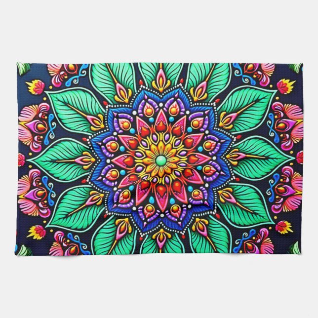 Vibrant Floral Mandala Art Kitchen Towel (Horizontal)