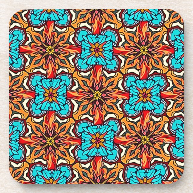 Vibrant Floral Mandala Repeat Art Beverage Coaster (Front)