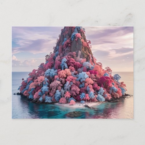 Vibrant Floral Mountain Island Fantasy Art Announcement Postcard