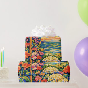 Vibrant Floral Ocean Sunset Garden – Fauve  Wrapping Paper