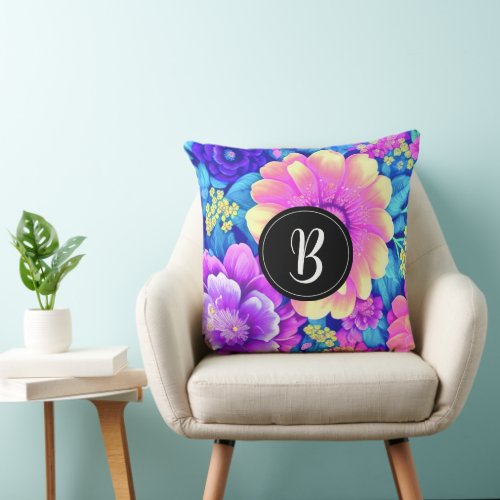 Vibrant Floral Paradise monogram  Throw Pillow