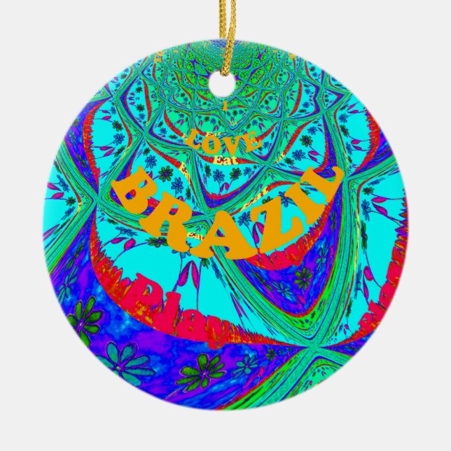 Vibrant Floral Pattern: Brazilian Tribute Eat Love Ceramic Ornament (Front)