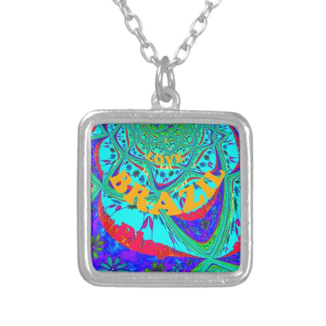 Vibrant Floral Pattern: Brazilian Tribute Eat Love Silver Plated Necklace (Front)