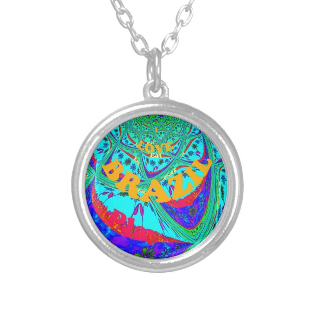 Vibrant Floral Pattern: Brazilian Tribute Eat Love Silver Plated Necklace (Front)