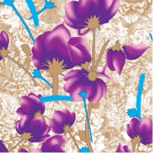 Vibrant floral pattern featuring purple and blue f cutout