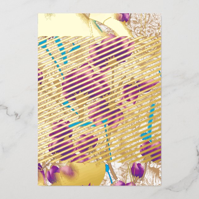 Vibrant floral pattern featuring purple and blue f foil invitation (Front)