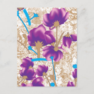 Vibrant floral pattern featuring purple and blue f holiday postcard