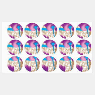 Vibrant floral pattern featuring purple and blue f kids' labels